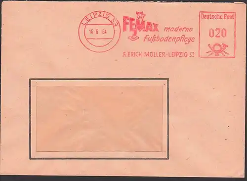 AFS =DP 020= 16.6.64 LEIPZIG S3, FEMAX moderne Fußbodenpflege F. Erich Müller, Gesicht Wischtuch