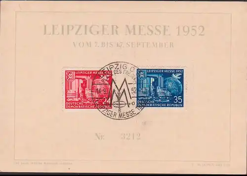 Gedenkblatt Leipziger Messe HMM 1952, SoSt., Platz des Friedens, mit Dv., DDR 315/16, Erdkugel Friedenstaube