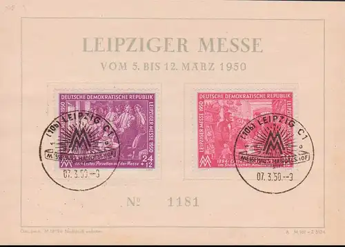 Gedenkblatt Leipziger Messe FMM 1950, SoSt., Dv. A M 161 - Z 5124,DDR 248/49, august der Starke, erste Porzellan