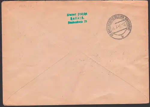 SBZ Provinz Sachsen MiNr. 87/89B Wiederaufbau geschnitten auf portorichtigem R-Brief aus Halle