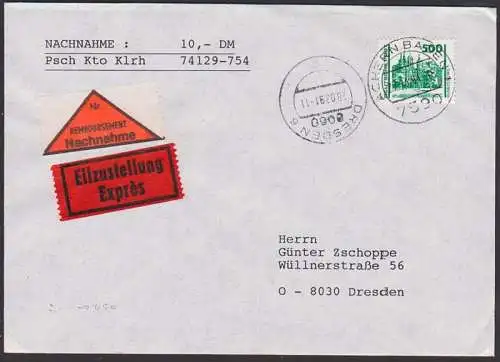 Nachnahme, Eilsendung Achern nach Dresden, 500 Pf Schloss Schwerin als EF, VGW nach Verkehrsgebiet Ost, DDR 3352