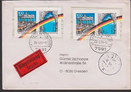 Eilsendung 1991, Marken aus Block 22 in MeF, Öffnung der Grenze, Berliner Mauer, Deutsche Einheit, portogenau, nach VGO