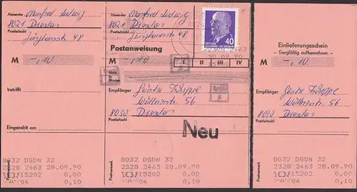 Postanweisung komplett, Walter Ulbricht 40 Pf(3) DDR 936, PA nicht eingelöst, 28.9.90, selt. Verwendungsnachweis