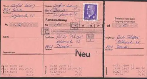 Postanweisung komplett, Walter Ulbricht 40 Pf(3) DDR 936, PA nicht eingelöst, 28.9.90, selt. Verwendungsnachweis