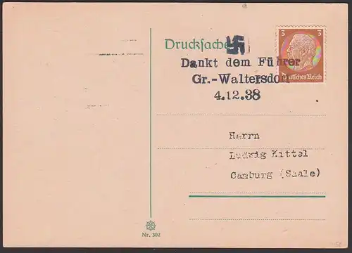 Gross-Walterdorf, Dankt dem Führer, Gummistempel 4.12.38, Velká Střelná Sudeten,