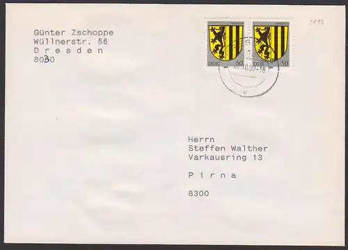 Dresden Stadt-Wappen waagerechtes Paar, DDR 2819(2), portogenau Doppelbrief