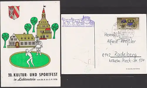 Lichtenstein Anlasskarte mit Postkutschenbeförderung Hohenstein-Ernstthal DDR Sportfest 1978