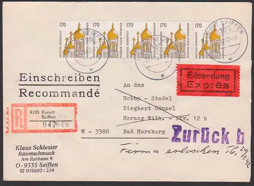 Wiesbaden russische Kirche 70 Pf (5) portognenaue MeF, BRD 1535 aus Bogen, R-Eil-Brief  zurück-Vermerk Fiema erloschen