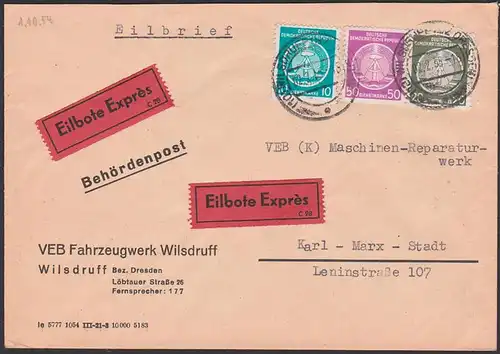 DDR Dienstpost Eil-Brief VEB Fahrzeugwerk Wilsdruff schöne MiF mit 10, 20 und 50 Pf. Dienst