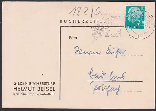 Theodor  Heuss 7 Pf MWSt. Karlsruhe "Besucht uns im Karlruher Zoo" Nilpferd mit Kinderwagen 1959