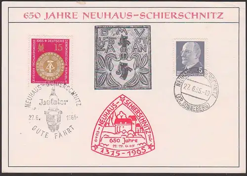 Neuhaus-Schiernitz Kr. Sonneberg Gedenkblatt 650 Jahre SoSt. Isolator - Gute Fahrt -, Zündkerze, Auto-Zubehör  27.6.65