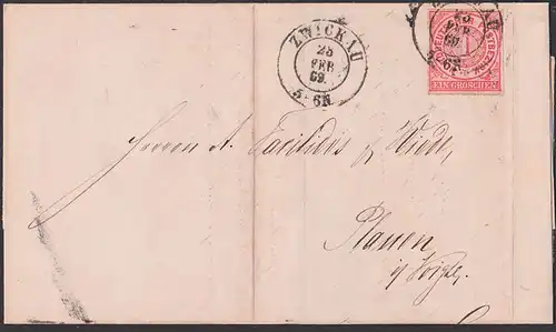 Zwickau Faltbrief 28.2.1869 mit EIN GROSCHEN durchstochen nach Plauen im Vogtland