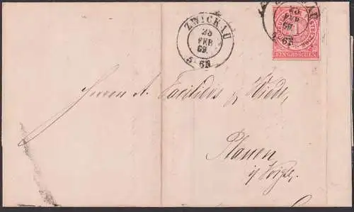 Zwickau Faltbrief 28.2.1869 mit EIN GROSCHEN durchstochen nach Plauen im Vogtland