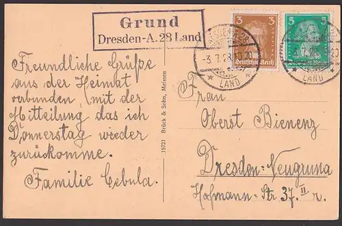 Dresden A.28 Land Grund Poststellenst, auf Ak Sommerfrische Grund Mohorn Sachsen 3.7.28