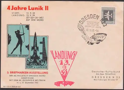 LUNIK II, SoSt. Dresden 12.9.63 Abb. Flagge CCCR, UdSSR Geophysik, Weltraum roter Landungsstempel 13.9.59