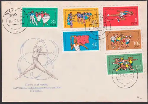 Leipzig 1977 FDC 2241/46 Weissig, VI. Turn- und Sportfest Kinder- u. Jugendspartiakade, Fahnenträger Hochsprung