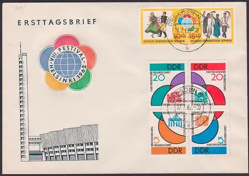 Weltfestspiele in Helsinki 1962, Friedenstaube, FDC DDR 901/06 Tagesst. DRESDEN N12, auf einem FDC-Umschlag