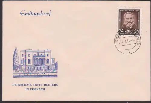 Fritz Reuter Schriftsteller  Sterbehaus in Eisenach  FDC DDR 430, Weisswasser Oberlausitz,