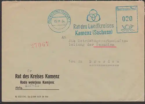 Kamenz (Sachsen) AFS 15.11.54 mit den 3 Ringen aus Nathan der Weisse, Rat des Kreises Kamens Dienstpostbeleg, Lessing