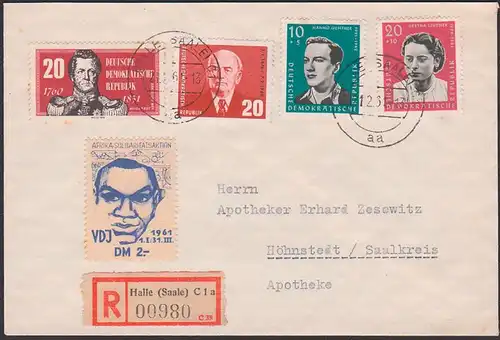 Afrika Solidaritätsaktion Vignette VDJ 1.I. - 31. III. 1961, R-Brief Halle nach Höhnstedt, portogenau Wilhelm Pieck