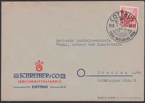 COTTBUS 800 Jahre 1156 - 1956 20.8.56 SoSt. mit Stadttor Abs. Schreiber & Co. Isolierfabrik