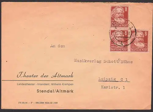 Stendal Altmark Fernbrief 1.11.52 mit 8 Pf. (3) Karl Marx aus Köpfe I, Theater der Altmark portogenau, Intendant Krampen