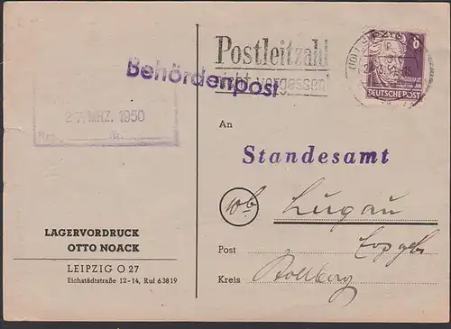 Leipzig MWSt. 24.3.50 mit 6 Pf.  Gerhart Hauptmann, Köpfe I, Behördenpost Lagervordruck Postleitzahl nicht vergessen