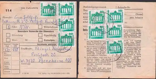 DDR Paketkarte mit 50 Pf DM-Währung Brandenburger Tor in MeF(9) aus Falkenberg nach Pforzheim, Postinterna 15.11.90