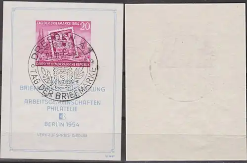 DDR Block 10 gestempelt Leipzig Völkerschlachtdenkmal und Kölner Dom, Tag der Briefmarke 1954, lu. natürliche P.-Falte