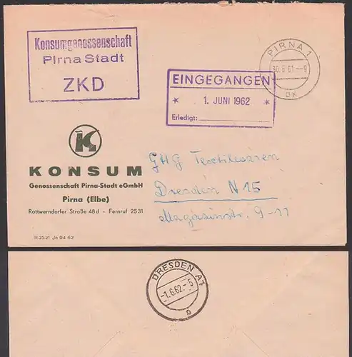 Pirna Kastenst. Konsumgenossenschaft DDR ZKD, Zentraler Kurierdienst der DDR, Pirna 30.5.61