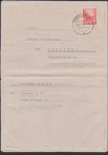 DDR Faltbrief F1a aus Dresden nach Görlitz mit Text 30.1.57, 20 Pfg. Berlin Stalinallee Ganzsachen-Umschlag