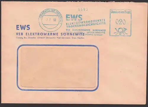 Sörnewitz (Kr. Meissen) Germany DDR AFS 7.7.57 "EWS VEB Elektrowärmegeräte Trockengleichrichter" Dienstpostbeleg