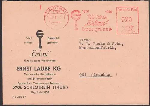 Schlotheim Germany DDR AFS 9.2.68 "100 Jahre Erlau Erzeugnisse 1850 - 1950" Hanfspinnerei Seilerwaren Fabrikzeichen