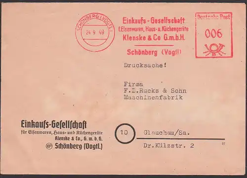 SCHÖNBERG (VOGTL) DDR AFS 24.9.49 "Einkaufs-Gesellschaft Eisenwaren Haus- u. Küchengeräte Klenske & Co. G.m.b.H.", Ds
