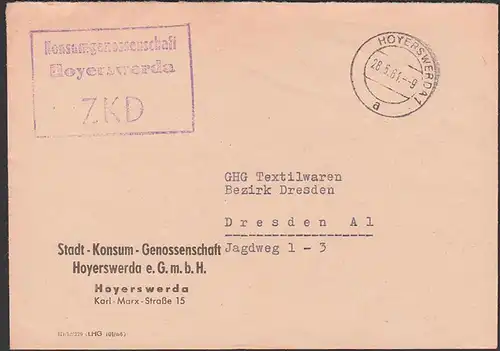 ZKD Hoyerswerda Kastenstempel 28.5.64 von Konsumgenossenschaft Stadt-Konsum-Genossenschaft e.G.m.b.H.