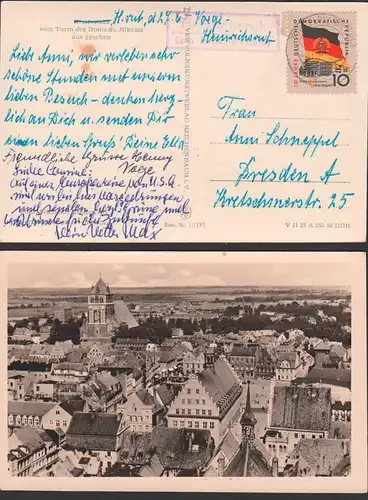 Heinrichsruh über Torgelow (Mecklenburg) PSSt. auf Ak Greifswald vom Turm des Domes St. Nikolai