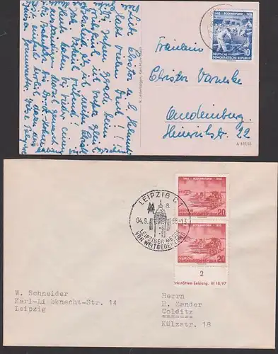 Boedenreform 1945 - 1955, 2 Belege Mädrescher, Neubauernstellen, Maurer, SoSt. Leipzig Messe von Weltbedeutung