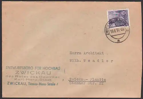 Zwickau Sachs Ortsbrief Entwurfsbüro Hochbau 16 Pfg. Fünfjahrplan BPP geprüft  Wz 2XI, DDR 369 XI