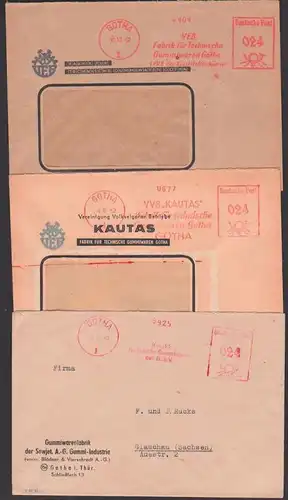 GOTHA AFS =024=, 3 Briefe mit veränderter Werbung von KAUTAS Technische Gummiwaren, Sowjet. A.G. , Blödner & Vierschrodt