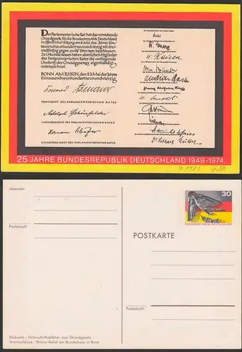 Germany 25 Jahre Bundesrepublik Unterschirftsblätter zum Grundgesetz Konrad Adenauer, Ganzsache ungebraucht