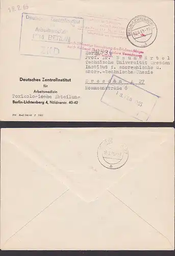 ZKD-Brief mit rotem "Aufbewahrungsstempel" Bln-Lichtenberg Zentralinstitut Arbeitsmedizin, Zentraler Kurierdienst DDR