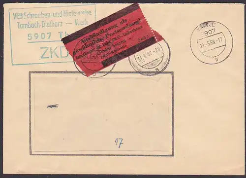 THALE ZKD-Brief mit rotem ZKD-Kontrolle für "Aushändigung als gwöhnliche ..! Schrauben und Nietwaren KSt in grün 31.5.68
