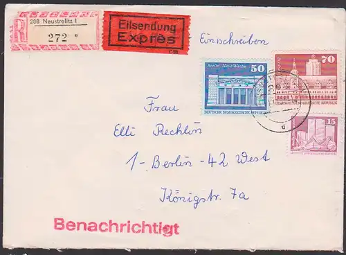 DDR Auslandsbrief Express Einschreiben Neustrelitz Brandenburger Tor Berlin  Leipzig altes Rathaus portogenau
