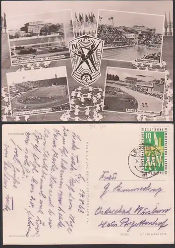 Turner Reck Deutsches Turn- und Sportfest Leipzig,  1956 und 1963, Fotokarte DHfK, Alfred-Rosch-Kampfbahn