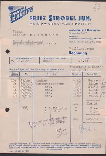 Leutenberg Thüringen Geschäftspapiere 15 Pfg. Fünfjahrplan II auf Rechnung Musikwaren-Fabrikation 1955