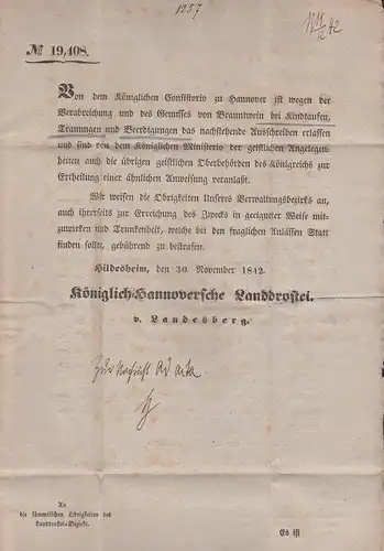 Hildesheim 1842 Faltbrief Königlich-Hannorversche Landdrostei v. Landesberg, Büttenpapier mit Wappen 10. November 1842