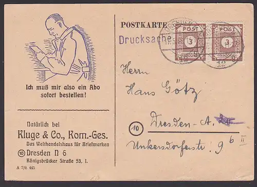 SBZ OPD Ostsachsen MiNr. 56, 3 Pfg. (2) Drucksache portogenau, Karte mit Sammler Welthandelshaus Kluge