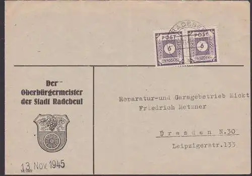 Radebeul SBZ MiNr. 58 (2), 6 Pfg. Fernbrief von der Stadt Radebeul  13.11.45, Stadtwappen Weintraube, Behörde