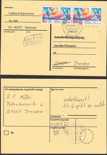Segeln Auslands-Rücksende-Adresse Bund 1310(2) nicht zugelassen, Anschriftenprüfung Weltmeisterschaft 1.2.2000