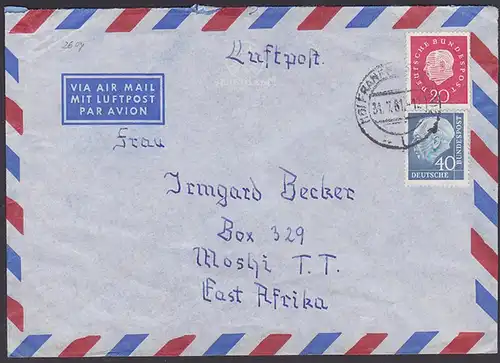 Theodor Heuss 40 Pfg. fluoreszierendes Papier MiNr. 260y (Mi. 25,-),  Auslands-Lp-Brief nach Moshi East Afrika, 31.7.61